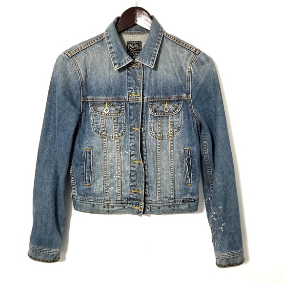 Lucky Brand Studded Distressed Jean Jacket - Picture 1 of 8